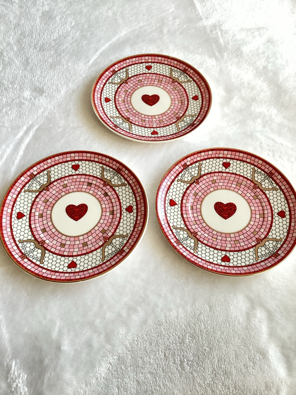 Anthropologie Bistro Saucer Plates 24KT Tile Stoneware Heart Bow and Arrow